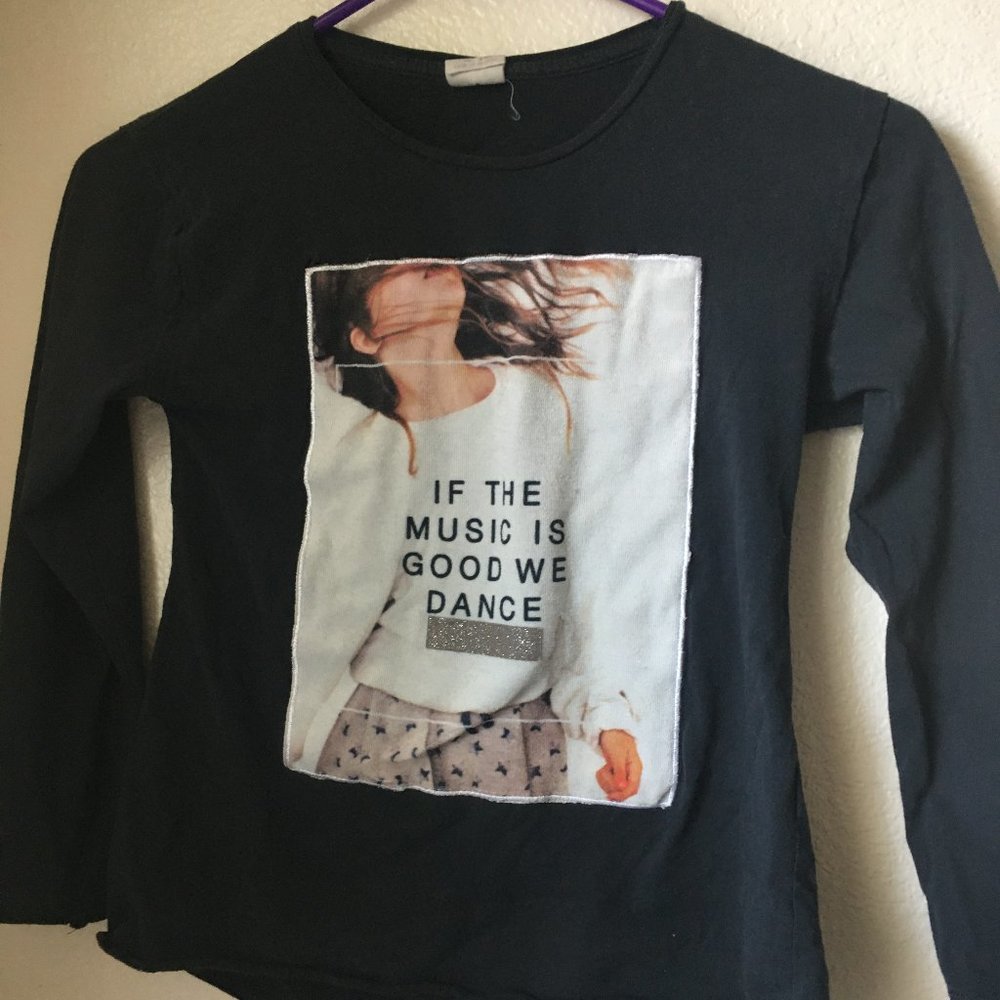 Grey and white long sleeve shirt with print